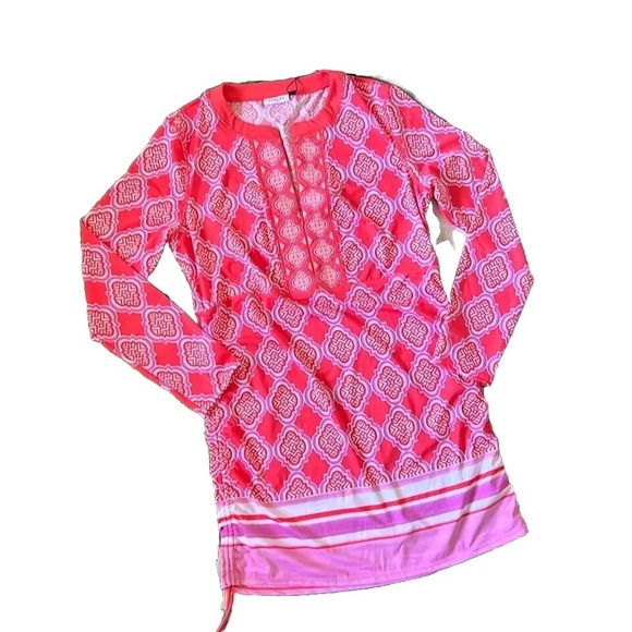 Cabana Life Other - Cabana Life NWT UPF 50+ Coral Lattice Ruched Rashguard Dress Size XL swim cover